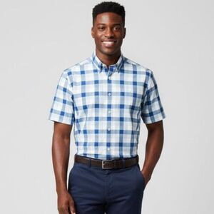 Mizzen+Main Blue White Plaid Button Down Short Sleeve T-Shirt Size Large